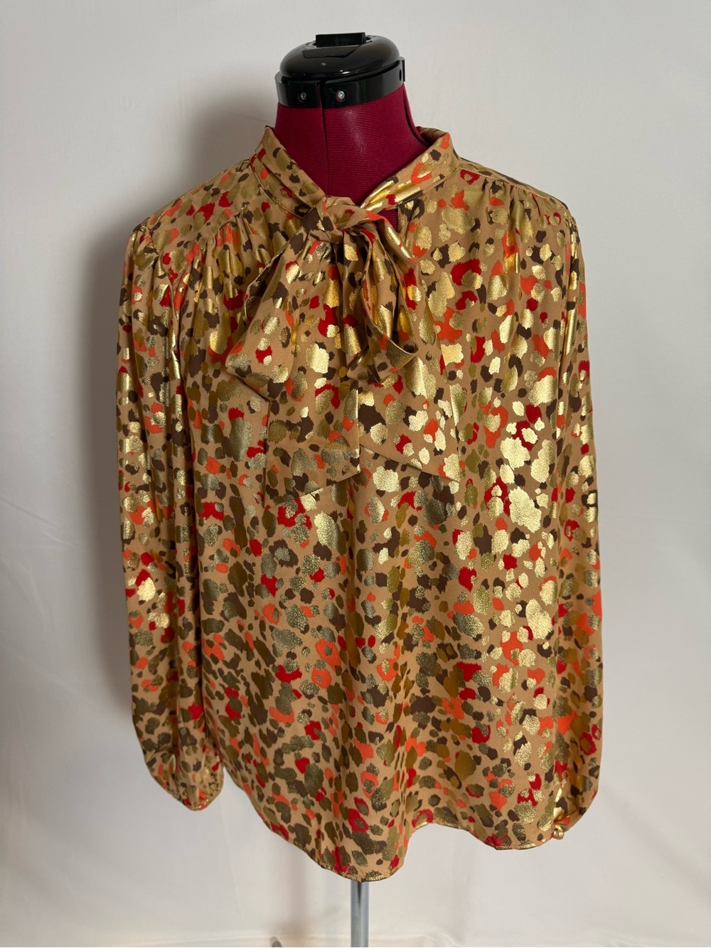 Ann Taylor Factory Tie-Neck Blouse Women's Size Medium Gold Metallic